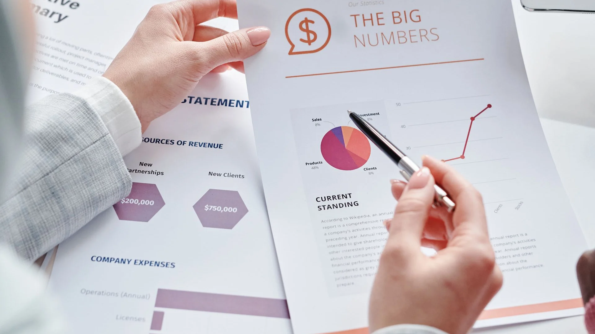 Financial charts and statistics being discussed at a meeting