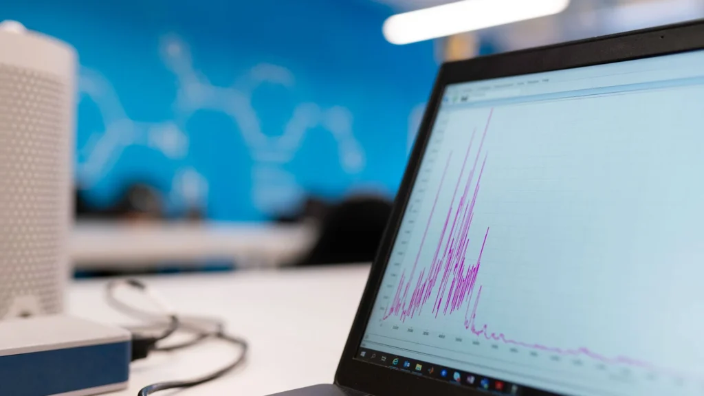 Data graph displayed on a laptop in an office
