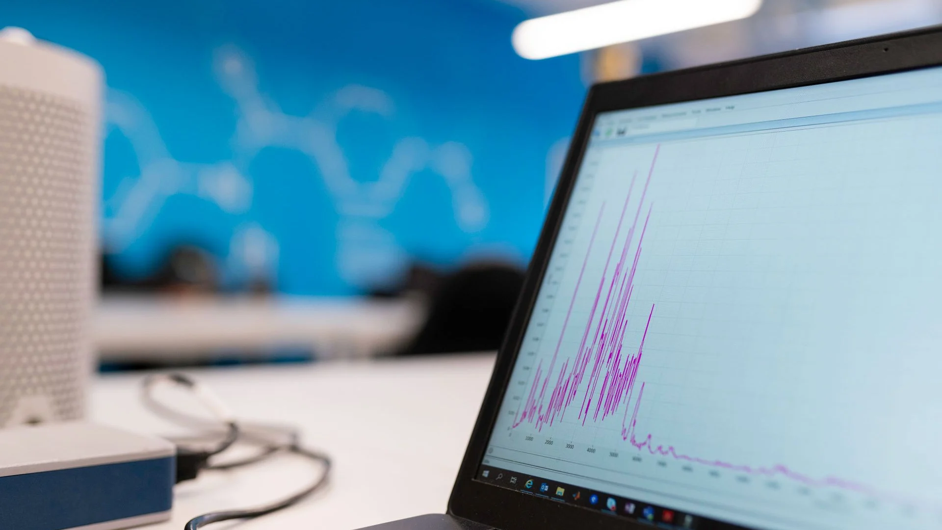 Data graph displayed on a laptop in an office