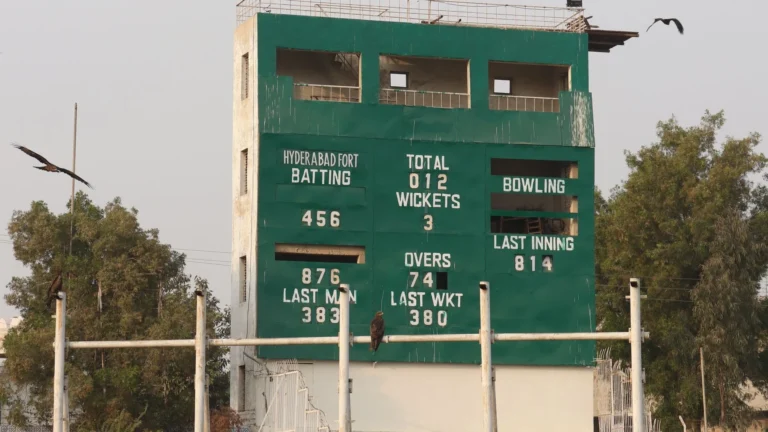 Cricket stadium scoreboard in Hyderabad, Pakistan; illustrative stadium photograph