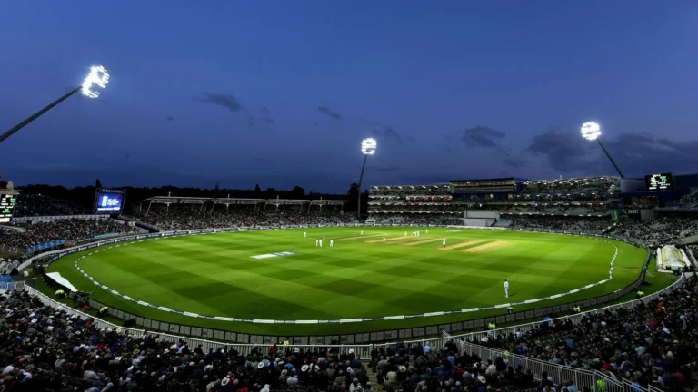 Illuminated cricket stadium viewed from the stands