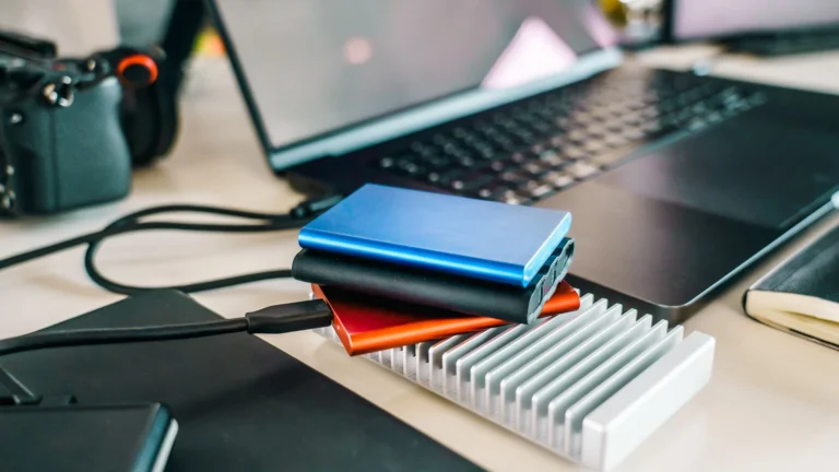 Laptop and external storage drives arranged on a modern desk